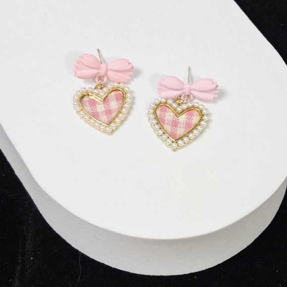 Pink Gingham Heart Dangle Earrings | Coquette Bow Pearl Valentine Studs Romantic - Picture 6 of 6